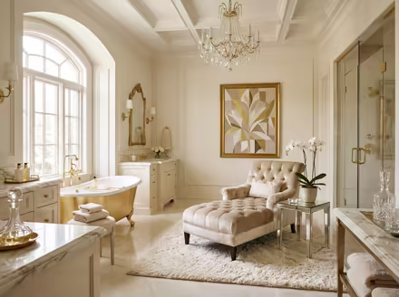 AI-generated luxury glam bathroom interior design: cream and champagne palette