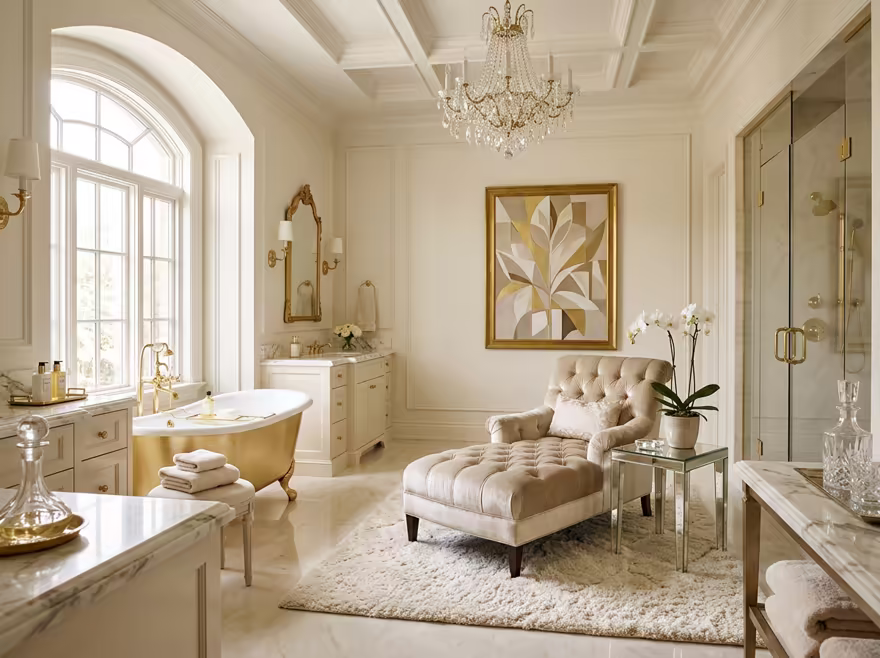 AI-generated luxury glam bathroom interior design: cream and champagne palette