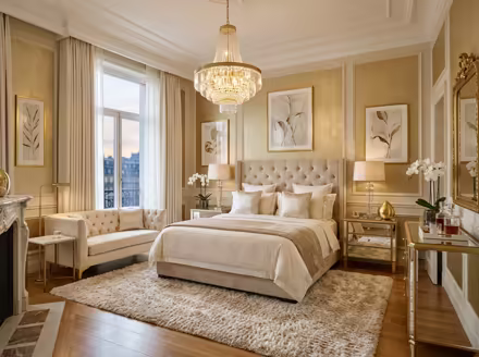 AI-generated luxury glam bedroom interior design: cream and champagne palette