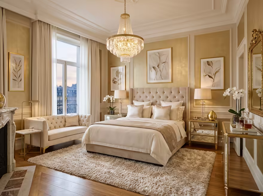 AI-generated luxury glam bedroom interior design: cream and champagne palette