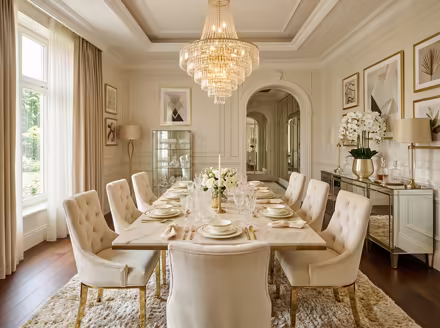 AI-generated luxury glam dining room interior design: cream and champagne palette