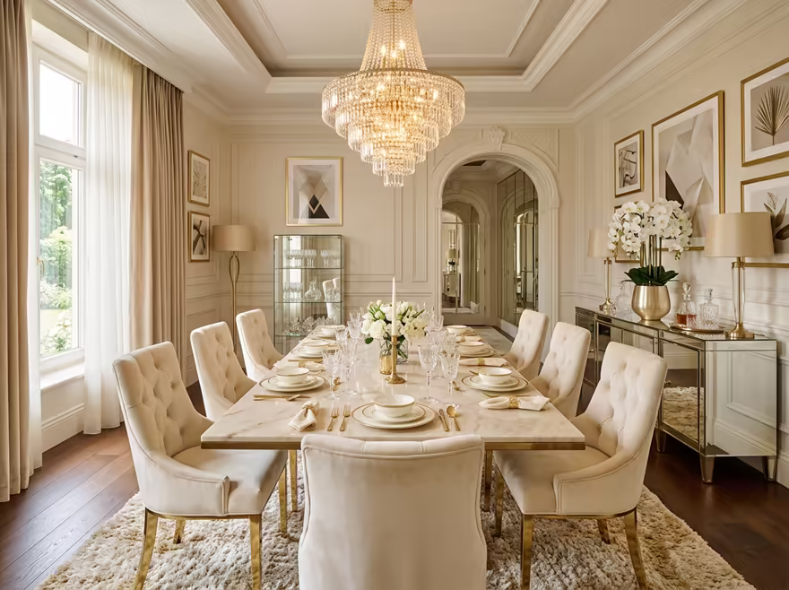 AI-generated luxury glam dining room interior design: cream and champagne palette