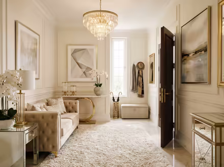 AI-generated luxury glam entryway interior design: cream and champagne palette