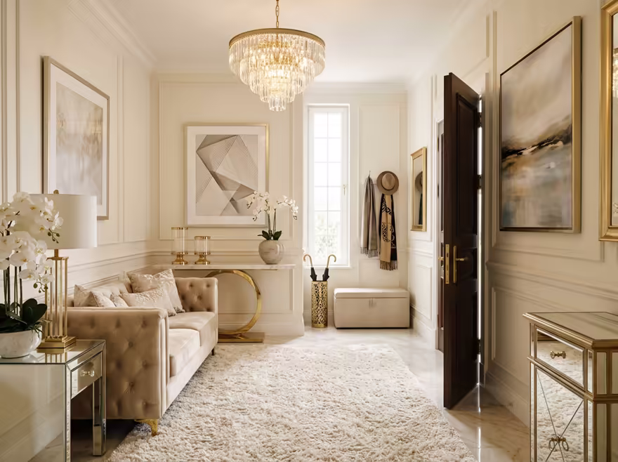 AI-generated luxury glam entryway interior design: cream and champagne palette