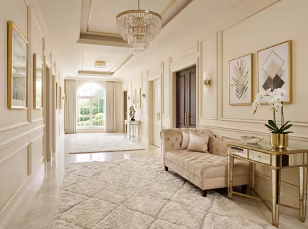 AI-generated luxury glam hallway interior design: cream and champagne palette
