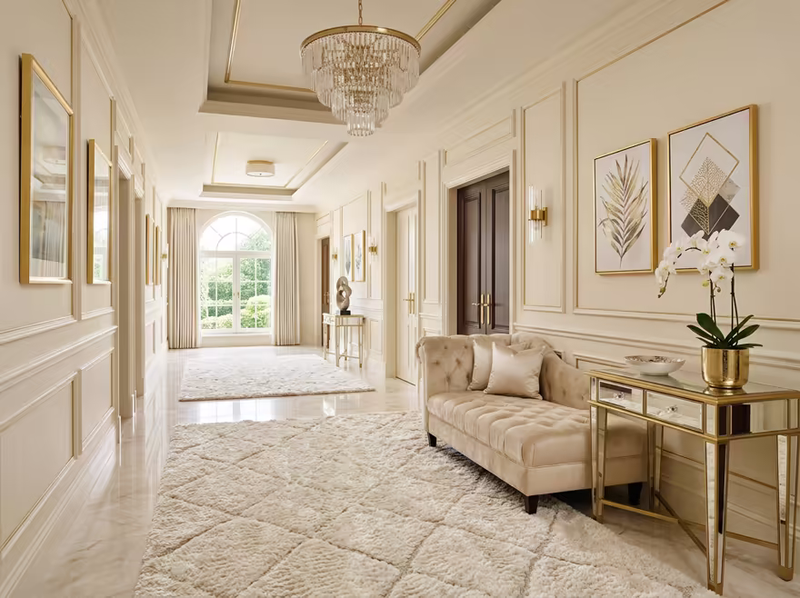 AI-generated luxury glam hallway interior design: cream and champagne palette