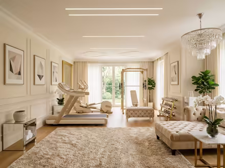 AI-generated luxury glam home gym interior design: cream and champagne palette