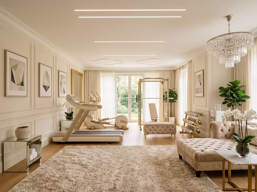 AI-generated luxury glam home gym interior design: cream and champagne palette