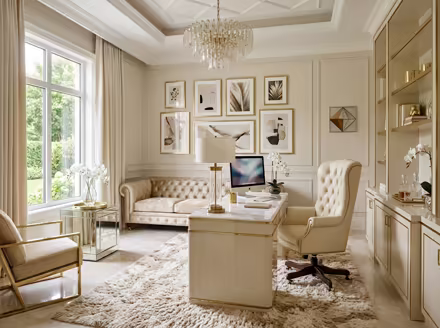 AI-generated luxury glam home office interior design: cream and champagne palette