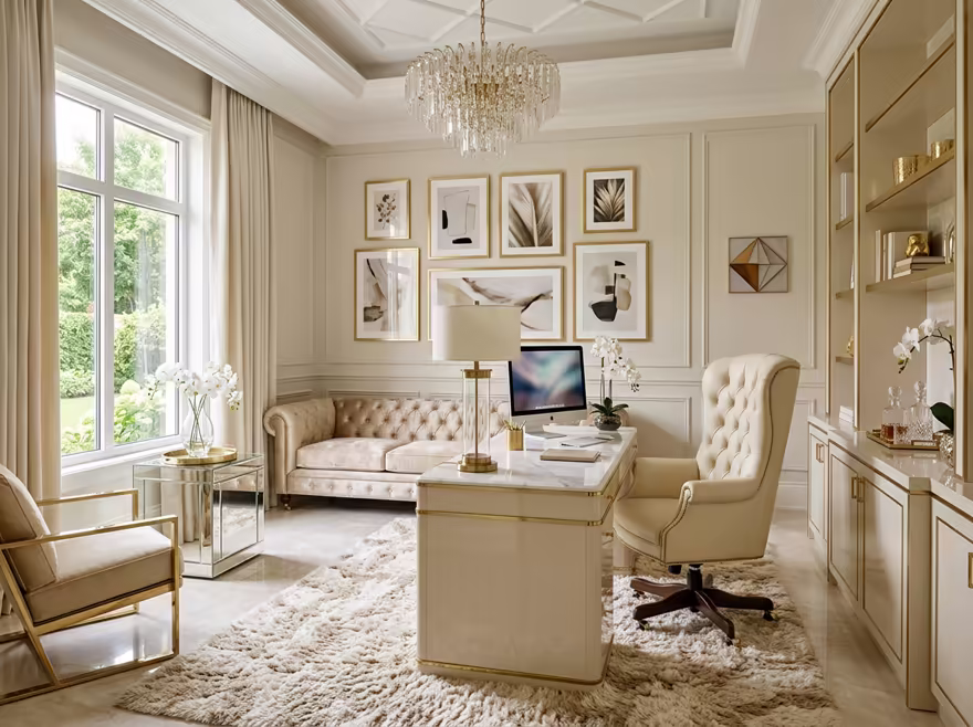 AI-generated luxury glam home office interior design: cream and champagne palette