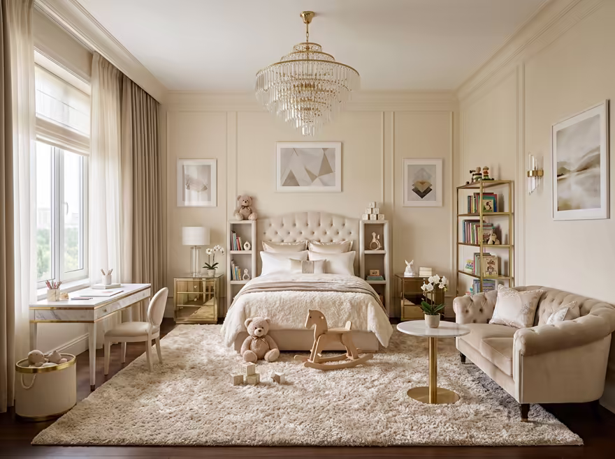 AI-generated luxury glam kids room interior design: cream and champagne palette