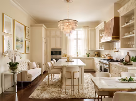 AI-generated luxury glam kitchen interior design: cream and champagne palette