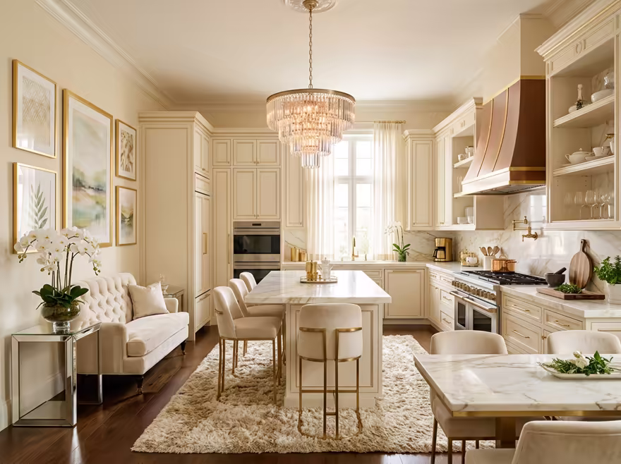 AI-generated luxury glam kitchen interior design: cream and champagne palette