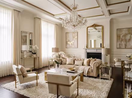 AI-generated luxury glam living room interior design: cream and champagne palette