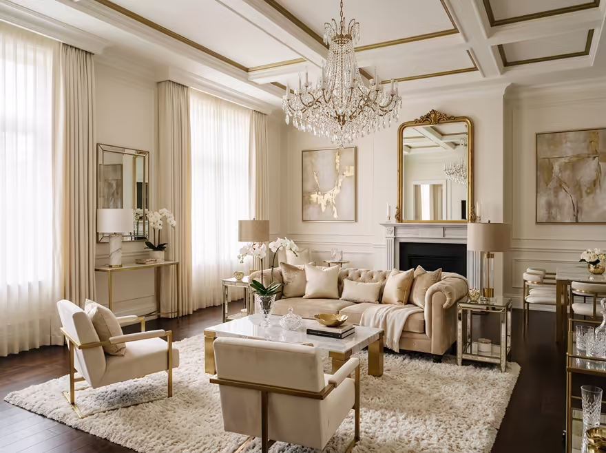 AI-generated luxury glam living room interior design: cream and champagne palette