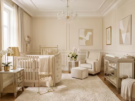AI-generated luxury glam nursery interior design: cream and champagne palette