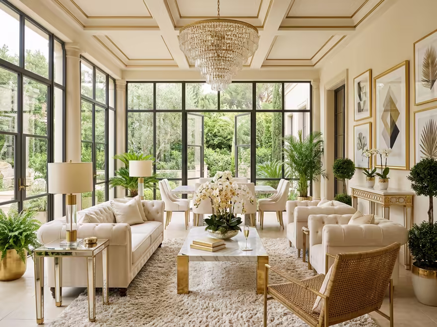 AI-generated luxury glam patio interior design: cream and champagne palette