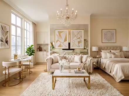 AI-generated luxury glam studio apartment interior design: cream and champagne palette