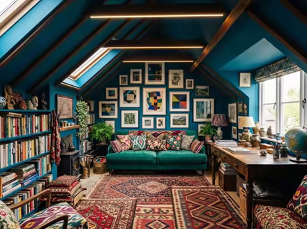 AI-generated maximalist attic interior design: color-drenched walls in a deep saturated hue