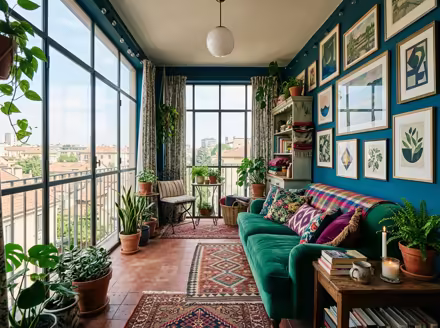 AI-generated maximalist balcony interior design: color-drenched walls in a deep saturated hue