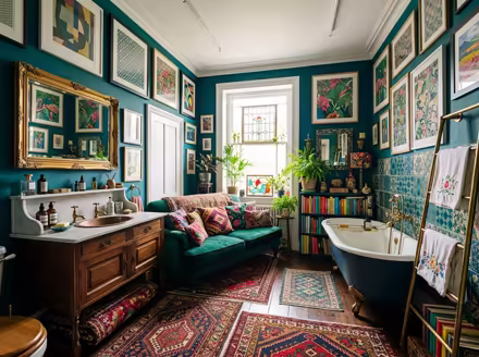 AI-generated maximalist bathroom interior design: color-drenched walls in a deep saturated hue