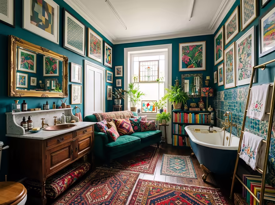 AI-generated maximalist bathroom interior design: color-drenched walls in a deep saturated hue