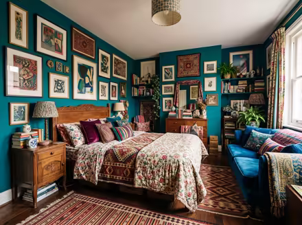 AI-generated maximalist bedroom interior design: color-drenched walls in a deep saturated hue
