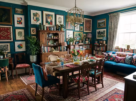 AI-generated maximalist dining room interior design: color-drenched walls in a deep saturated hue