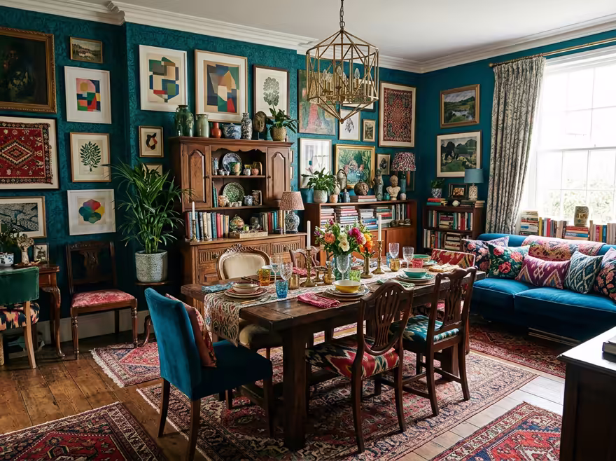 AI-generated maximalist dining room interior design: color-drenched walls in a deep saturated hue