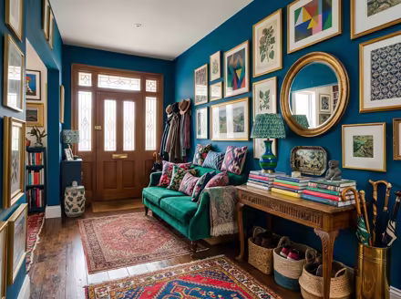 AI-generated maximalist entryway interior design: color-drenched walls in a deep saturated hue