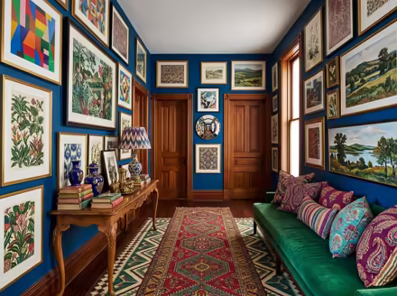 AI-generated maximalist hallway interior design: color-drenched walls in a deep saturated hue