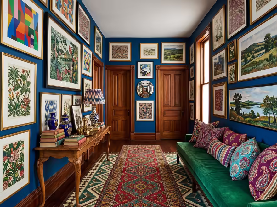 AI-generated maximalist hallway interior design: color-drenched walls in a deep saturated hue