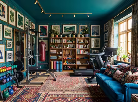 AI-generated maximalist home gym interior design: color-drenched walls in a deep saturated hue