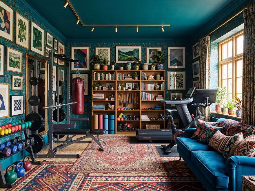 AI-generated maximalist home gym interior design: color-drenched walls in a deep saturated hue