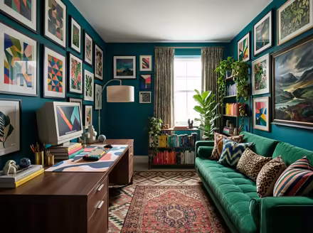 AI-generated maximalist home office interior design: color-drenched walls in a deep saturated hue