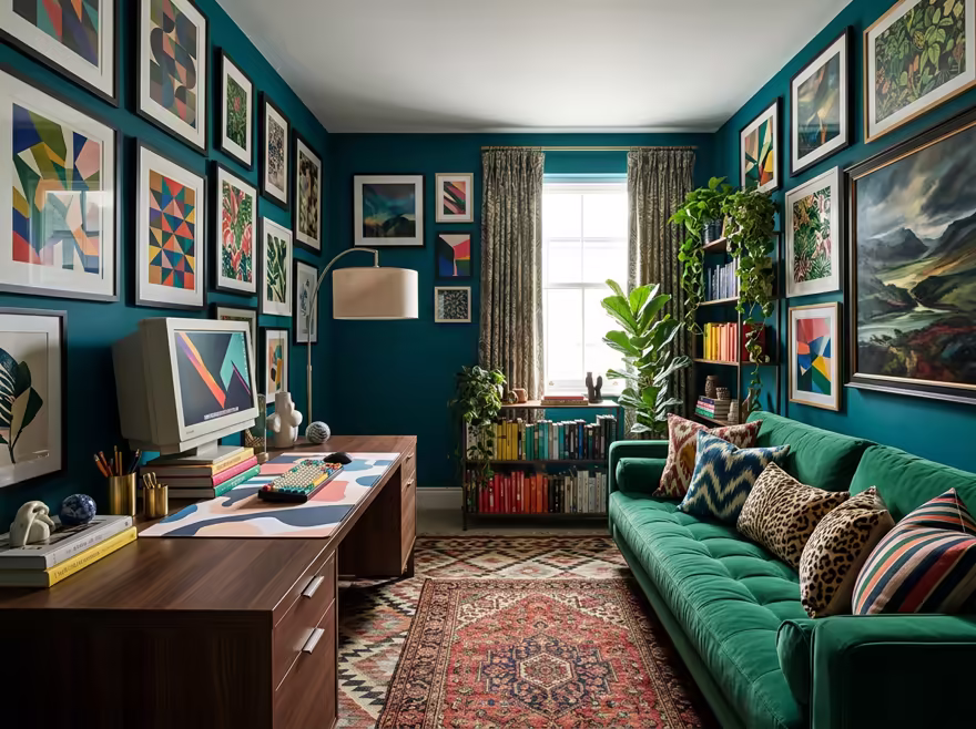 AI-generated maximalist home office interior design: color-drenched walls in a deep saturated hue