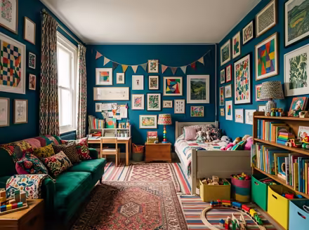 AI-generated maximalist kids room interior design: color-drenched walls in a deep saturated hue