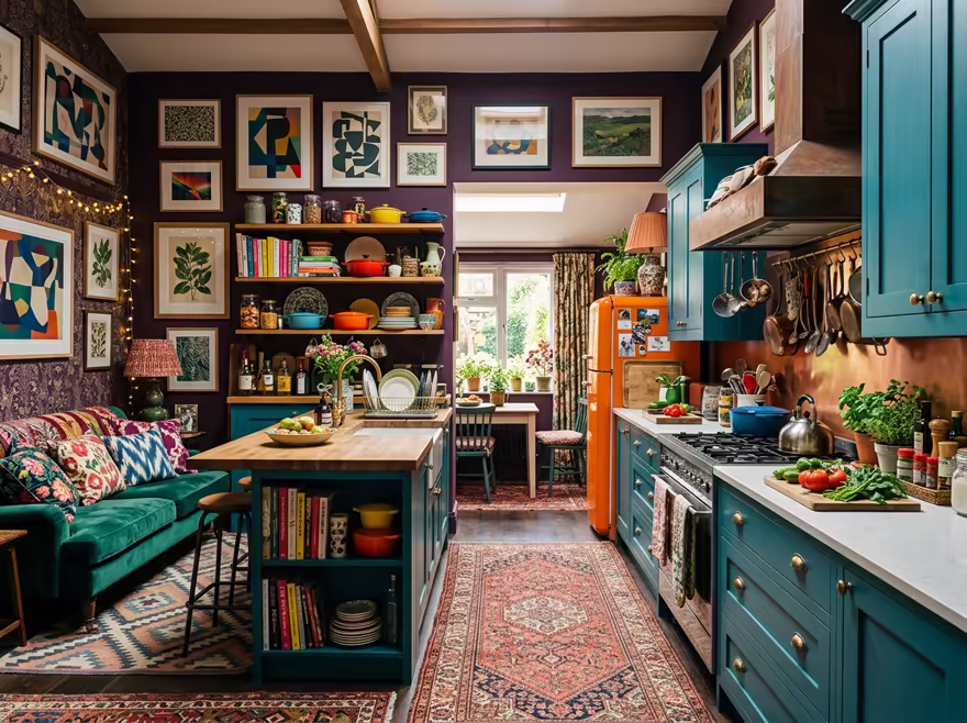 AI-generated maximalist kitchen interior design: color-drenched walls in a deep saturated hue