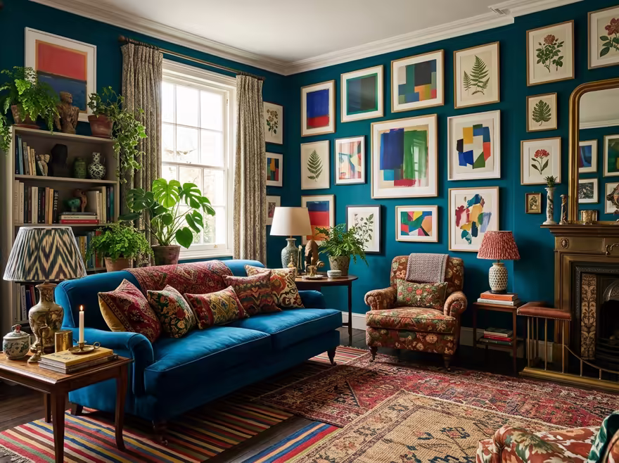 AI-generated maximalist living room interior design: color-drenched walls in a deep saturated hue