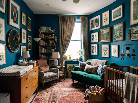 AI-generated maximalist nursery interior design: color-drenched walls in a deep saturated hue
