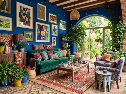 AI-generated maximalist patio interior design: color-drenched walls in a deep saturated hue
