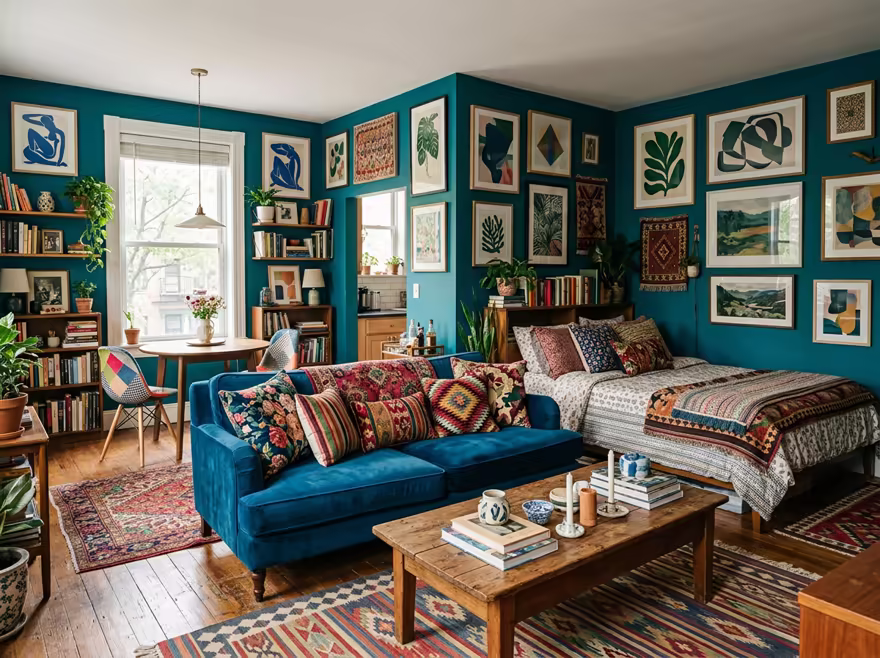 AI-generated maximalist studio apartment interior design: color-drenched walls in a deep saturated hue