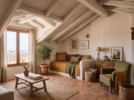 AI-generated mediterranean attic interior design: warm whitewashed walls