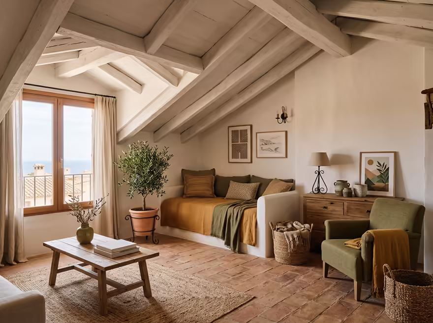 AI-generated mediterranean attic interior design: warm whitewashed walls