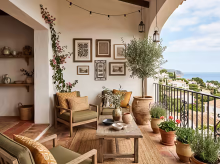 AI-generated mediterranean balcony interior design: warm whitewashed walls