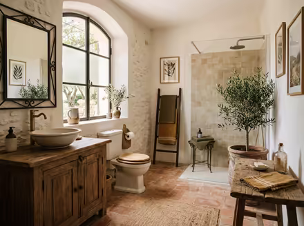 AI-generated mediterranean bathroom interior design: warm whitewashed walls