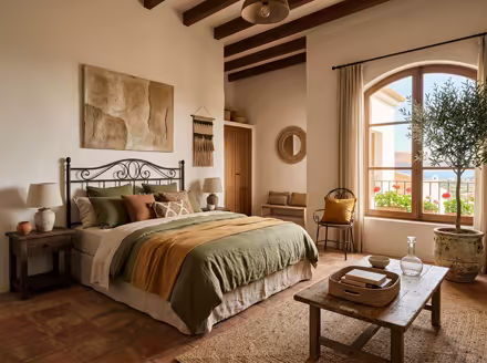 AI-generated mediterranean bedroom interior design: warm whitewashed walls
