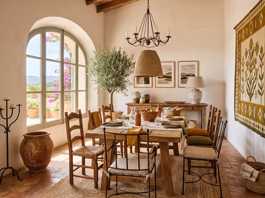 AI-generated mediterranean dining room interior design: warm whitewashed walls