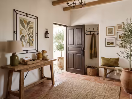 AI-generated mediterranean entryway interior design: warm whitewashed walls
