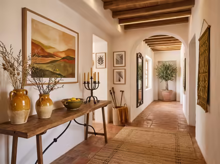 AI-generated mediterranean hallway interior design: warm whitewashed walls